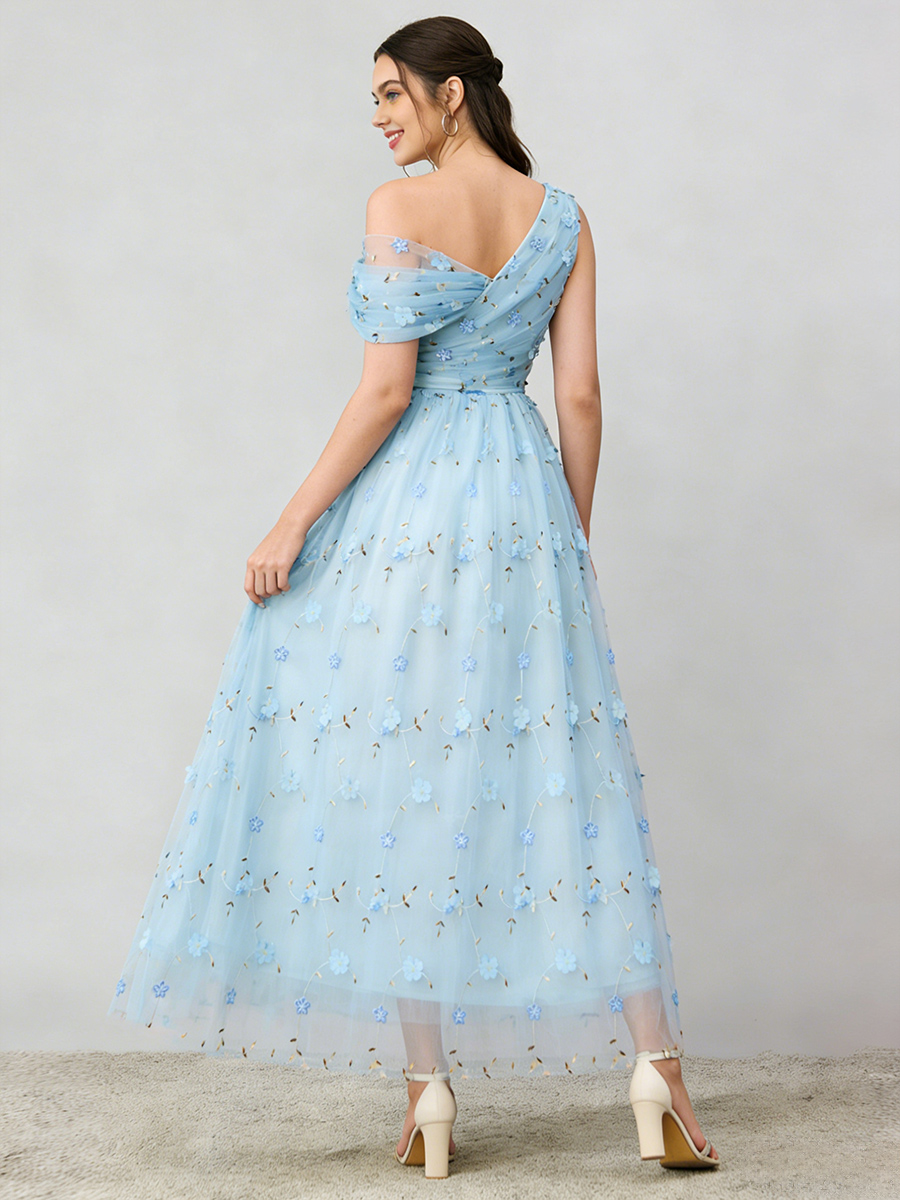 A-Line One-Shoulder Tulle Maxi-Length 3D Floral Formal Evening Gown