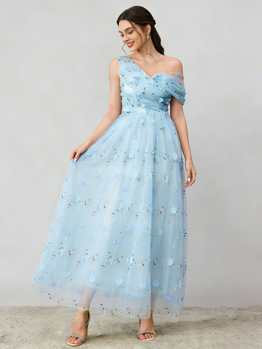A-Line One-Shoulder Tulle Maxi-Length 3D Floral Formal Evening Gown