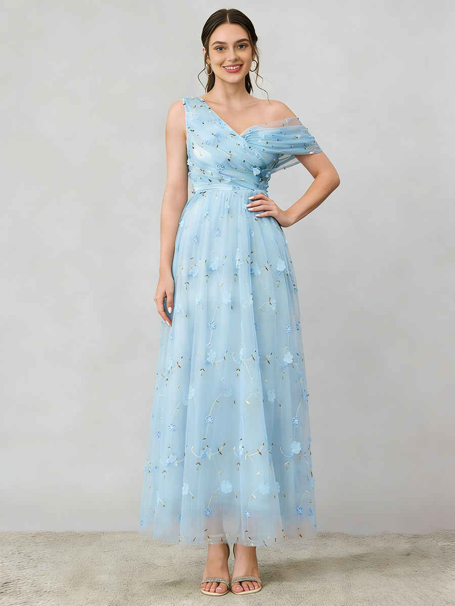 A-Line One-Shoulder Tulle Maxi-Length 3D Floral Formal Evening Gown