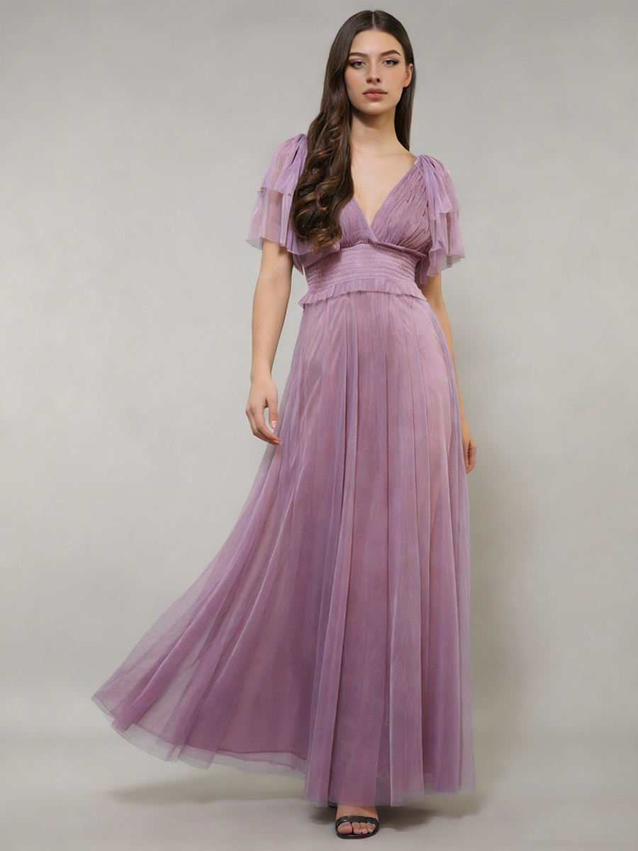 A-Line V-Neck Tulle Floor-Length Flutter Sleeve Bridesmaid Dress