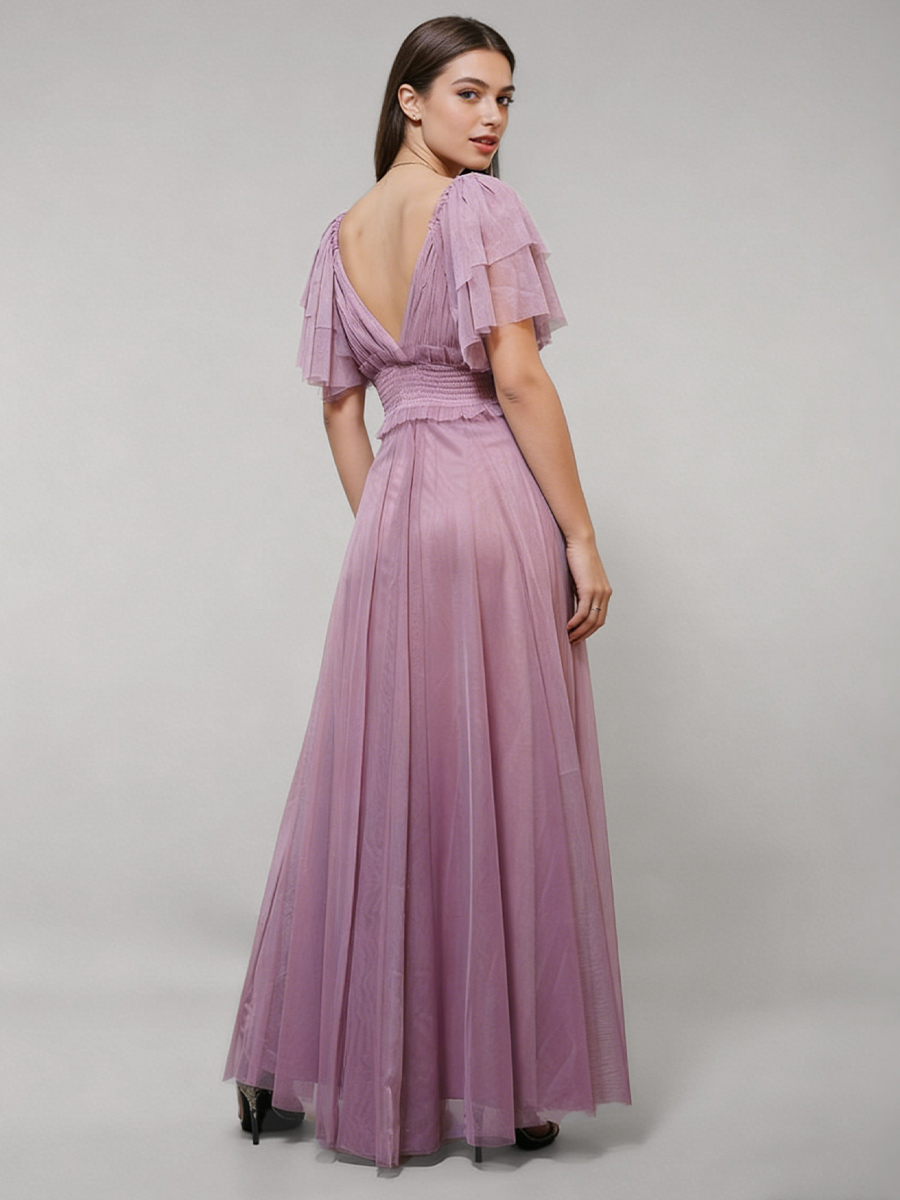 A-Line V-Neck Tulle Floor-Length Flutter Sleeve Bridesmaid Dress