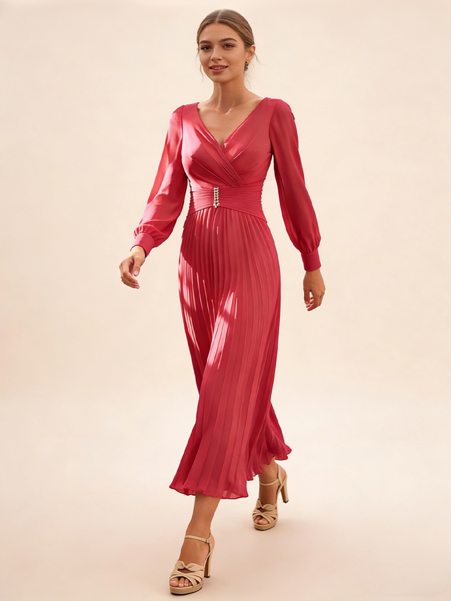 A-Line V-Neck Chiffon Midi-Length Pleated Wedding Guest Dress