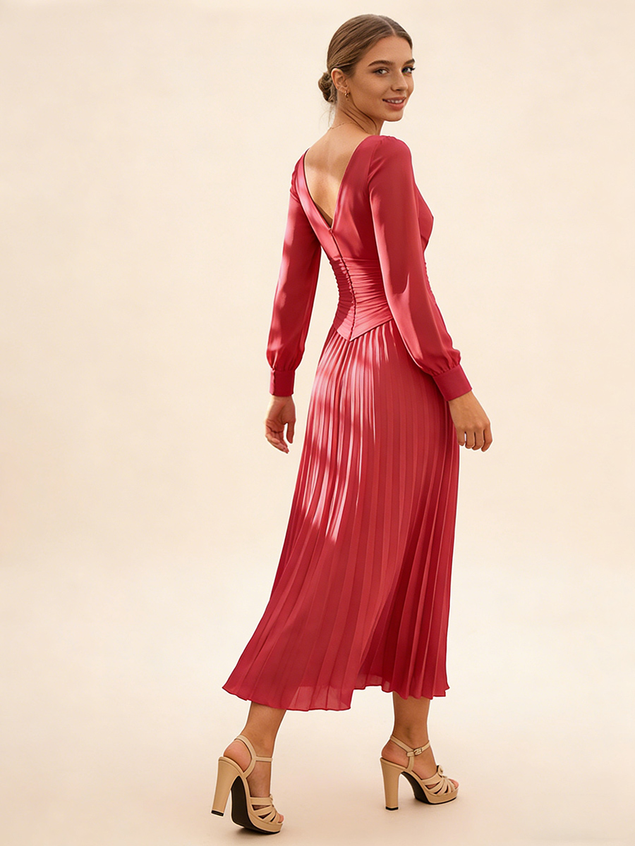 A-Line V-Neck Chiffon Midi-Length Pleated Wedding Guest Dress