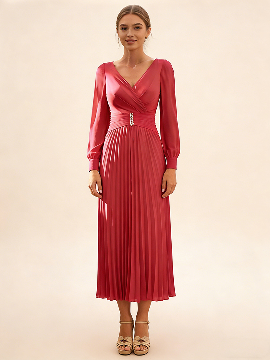A-Line V-Neck Chiffon Midi-Length Pleated Wedding Guest Dress