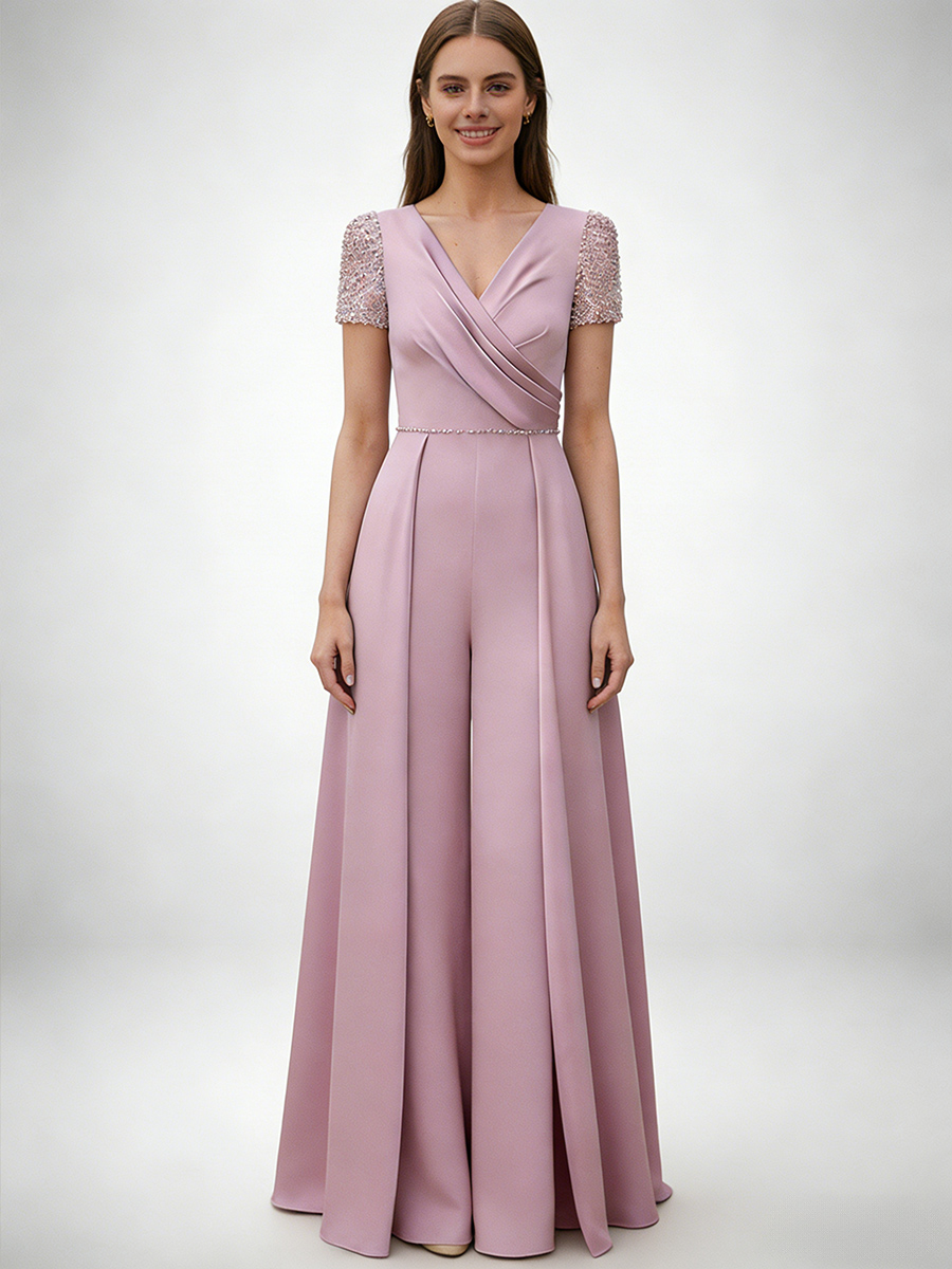 Wide-Leg Jumpsuit V-Neck Satin Floor-Length Beaded Formal Evening Gown