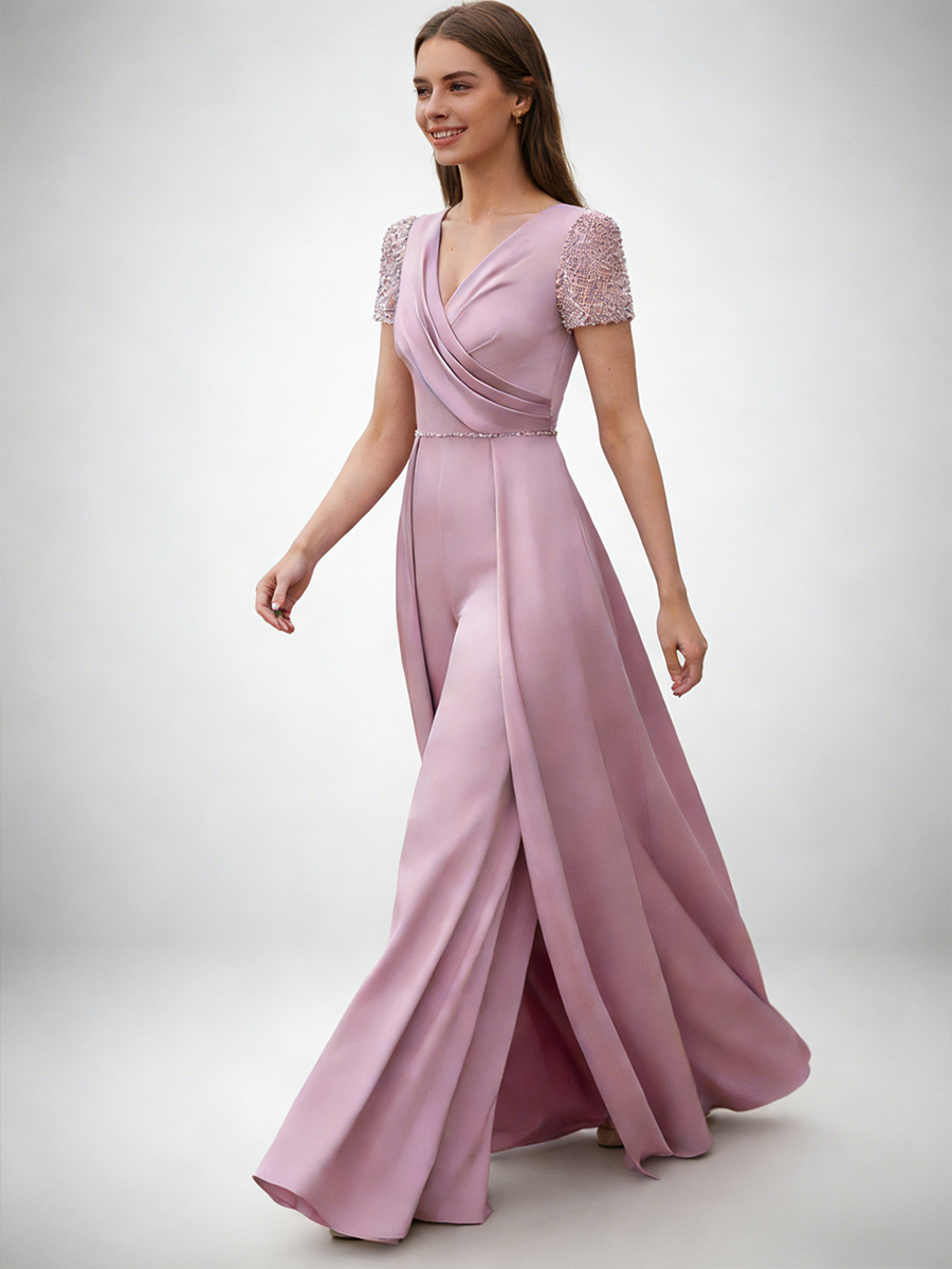 Wide-Leg Jumpsuit V-Neck Satin Floor-Length Beaded Formal Evening Gown