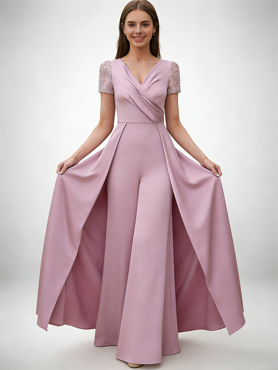 Wide-Leg Jumpsuit V-Neck Satin Floor-Length Beaded Formal Evening Gown