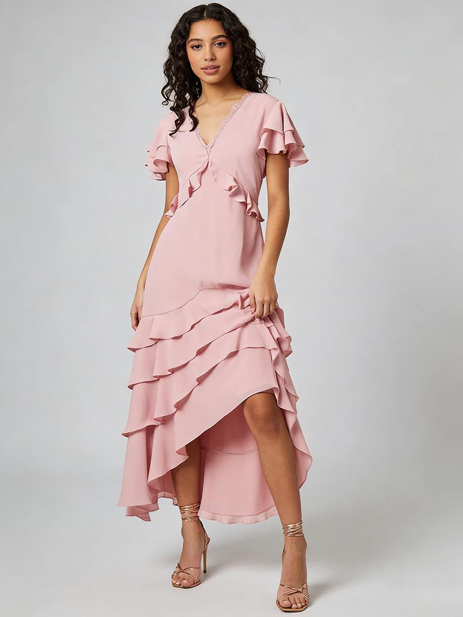 Elegant V-Neck Ruffle Short Sleeve Asymmetrical Tiered Maxi Formal Dress