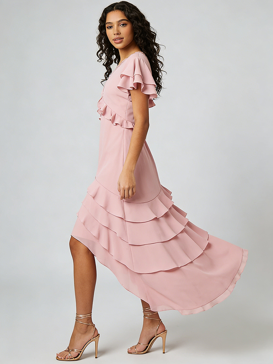 Elegant V-Neck Ruffle Short Sleeve Asymmetrical Tiered Maxi Formal Dress