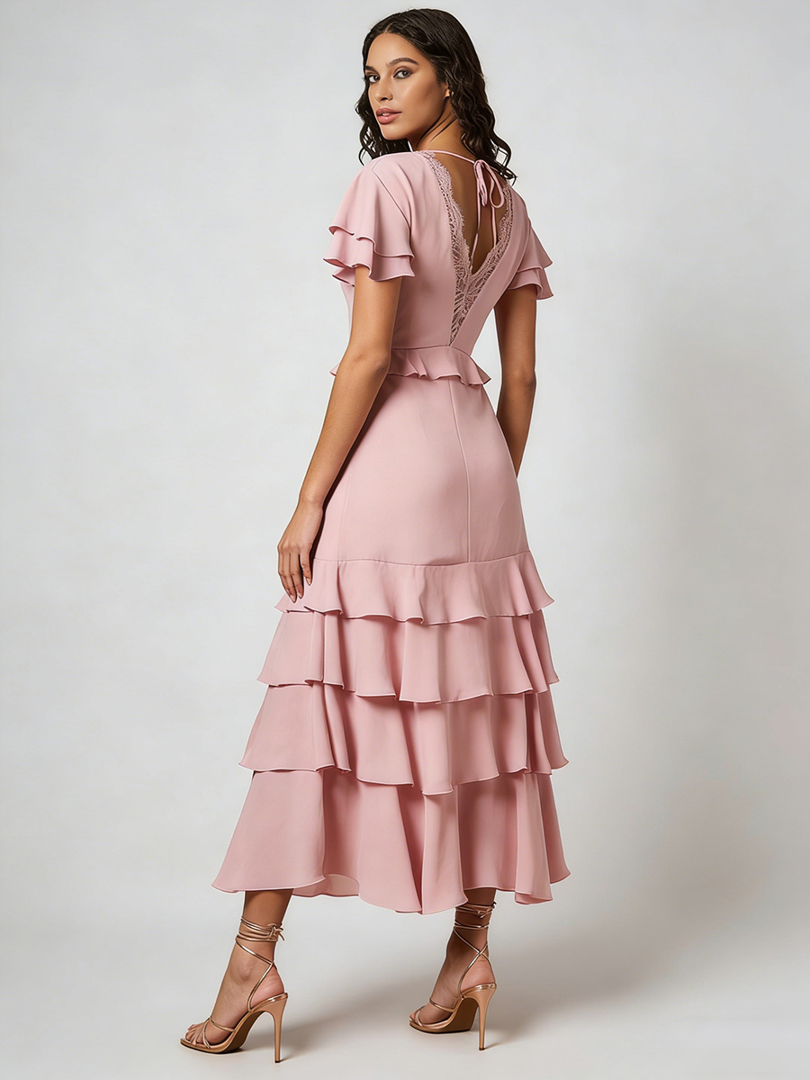 Elegant V-Neck Ruffle Short Sleeve Asymmetrical Tiered Maxi Formal Dress