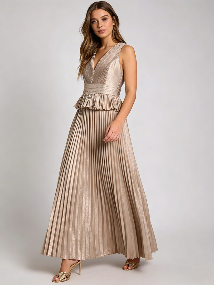 Elegant V-Neck Sleeveless Metallic Pleated Peplum Waist Maxi Formal Gown