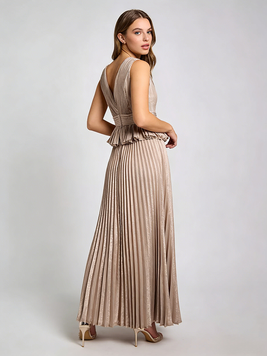 Elegant V-Neck Sleeveless Metallic Pleated Peplum Waist Maxi Formal Gown