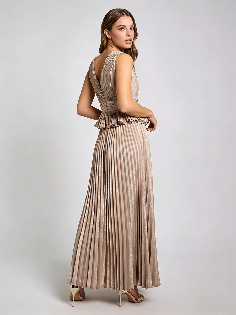 Elegant V-Neck Sleeveless Metallic Pleated Peplum Waist Maxi Formal Gown