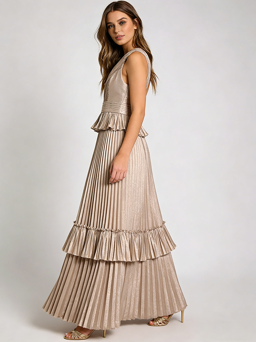 Elegant V-Neck Sleeveless Metallic Pleated Peplum Waist Maxi Formal Gown