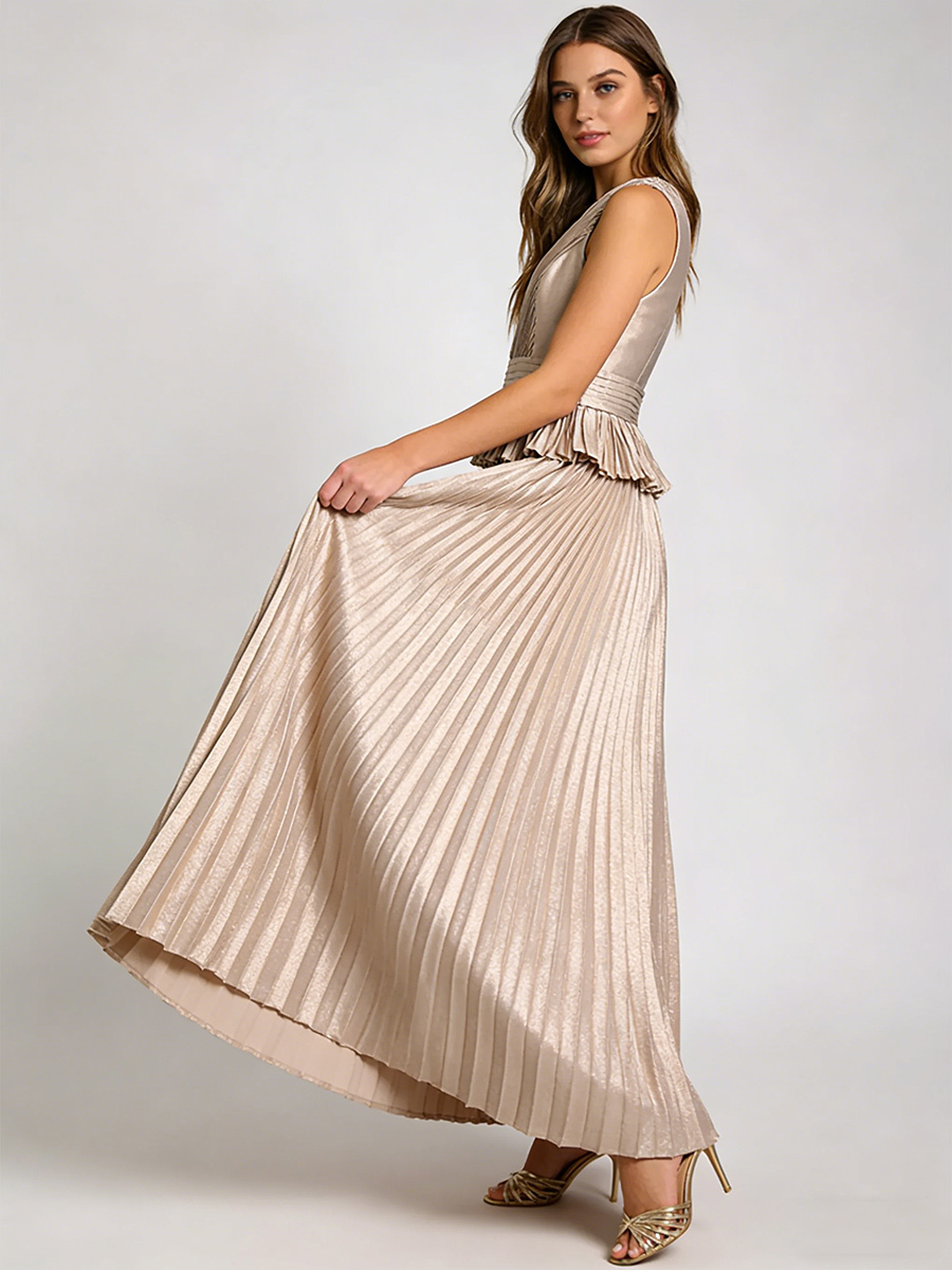 Elegant V-Neck Sleeveless Metallic Pleated Peplum Waist Maxi Formal Gown