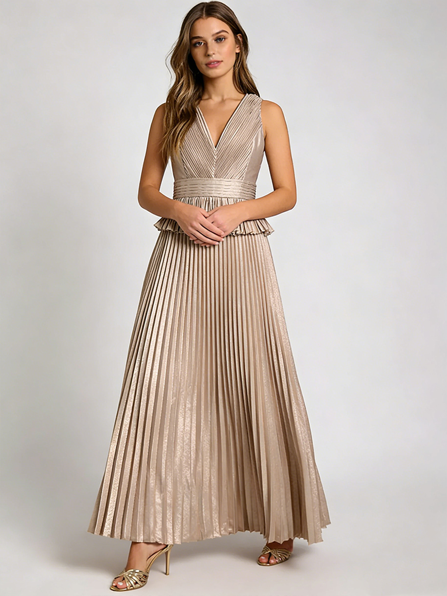 Elegant V-Neck Sleeveless Metallic Pleated Peplum Waist Maxi Formal Gown