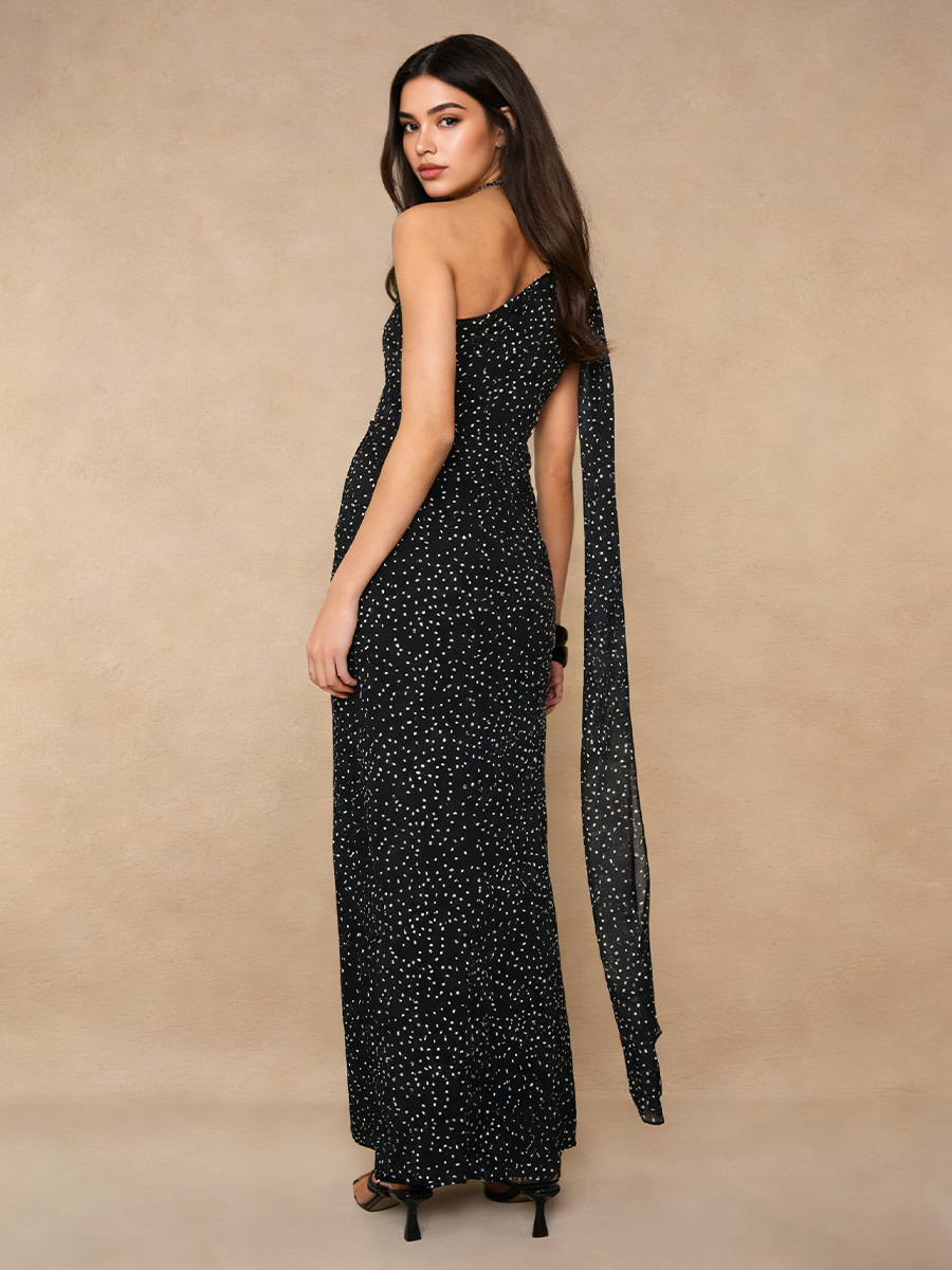 One-Shoulder Polka Dot Bodycon Mermaid Maxi Dress for Gala Party Date Night