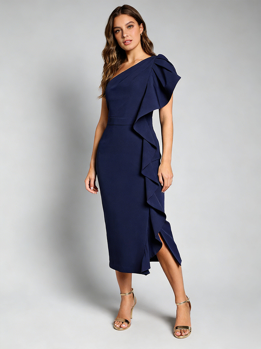 One-Shoulder Ruffle Trim Waist-Cinched High Slit Midi Formal Gown