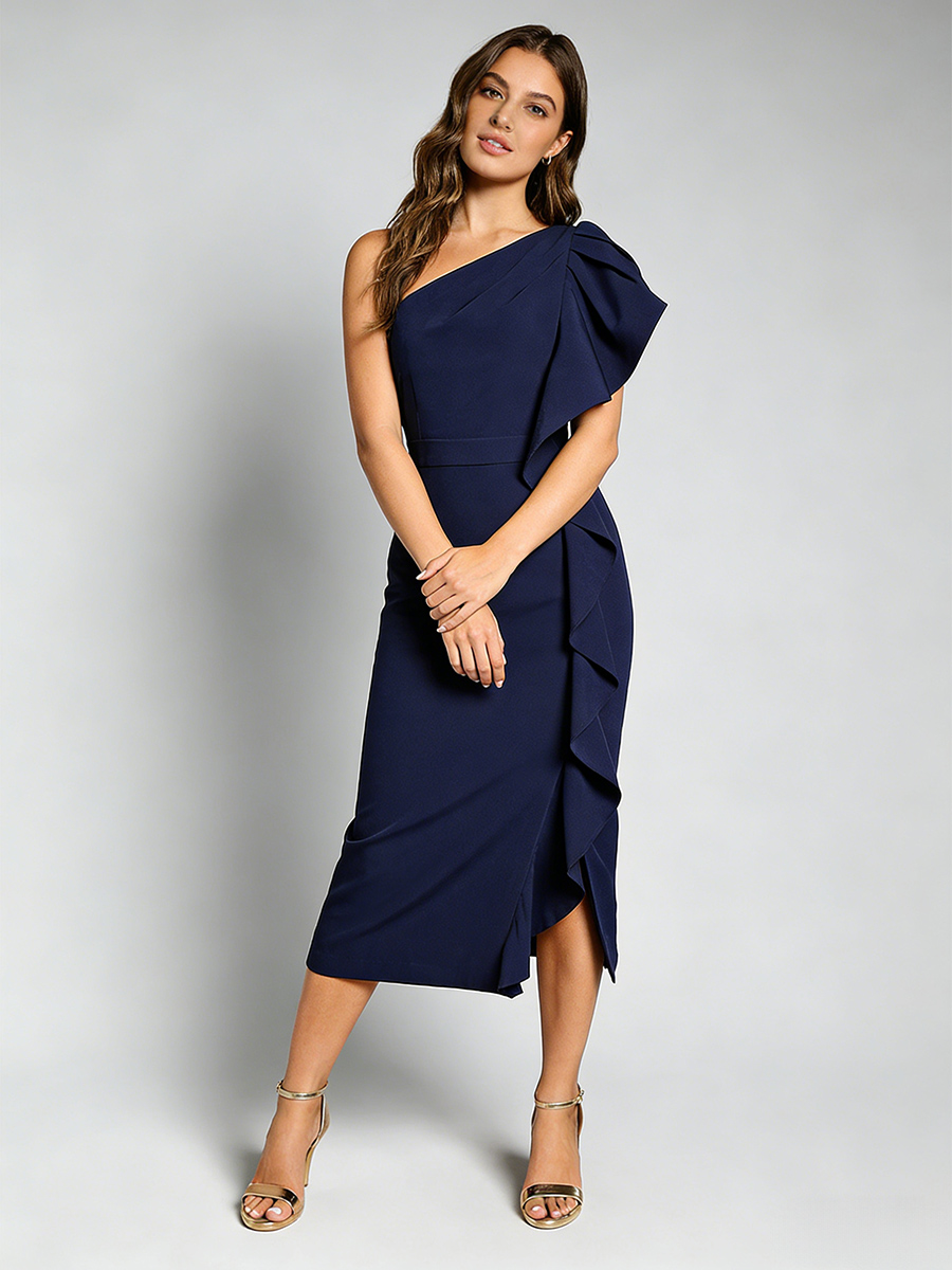 One-Shoulder Ruffle Trim Waist-Cinched High Slit Midi Formal Gown