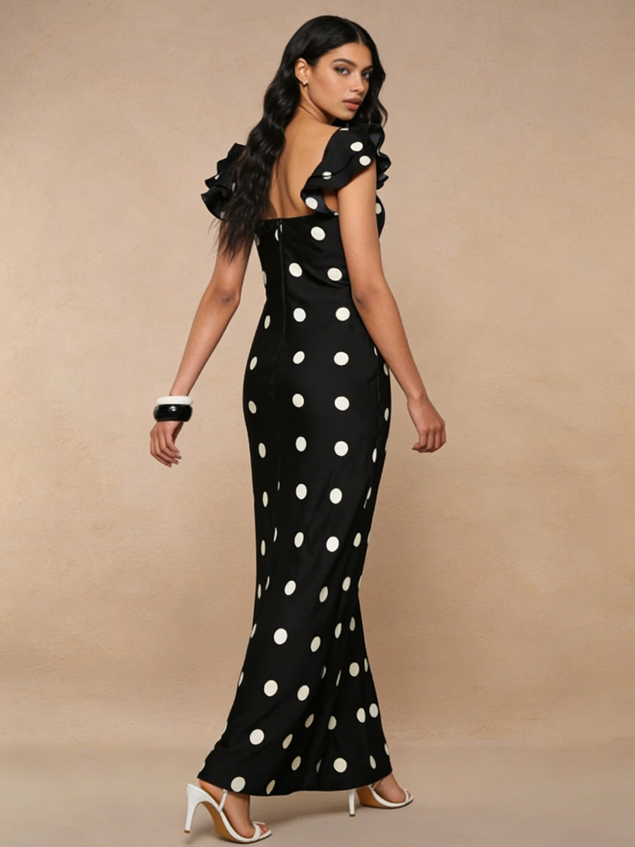 V-Neck Ruffle Sleeve Polka Dot Satin High Slit Maxi Bridesmaid Dress