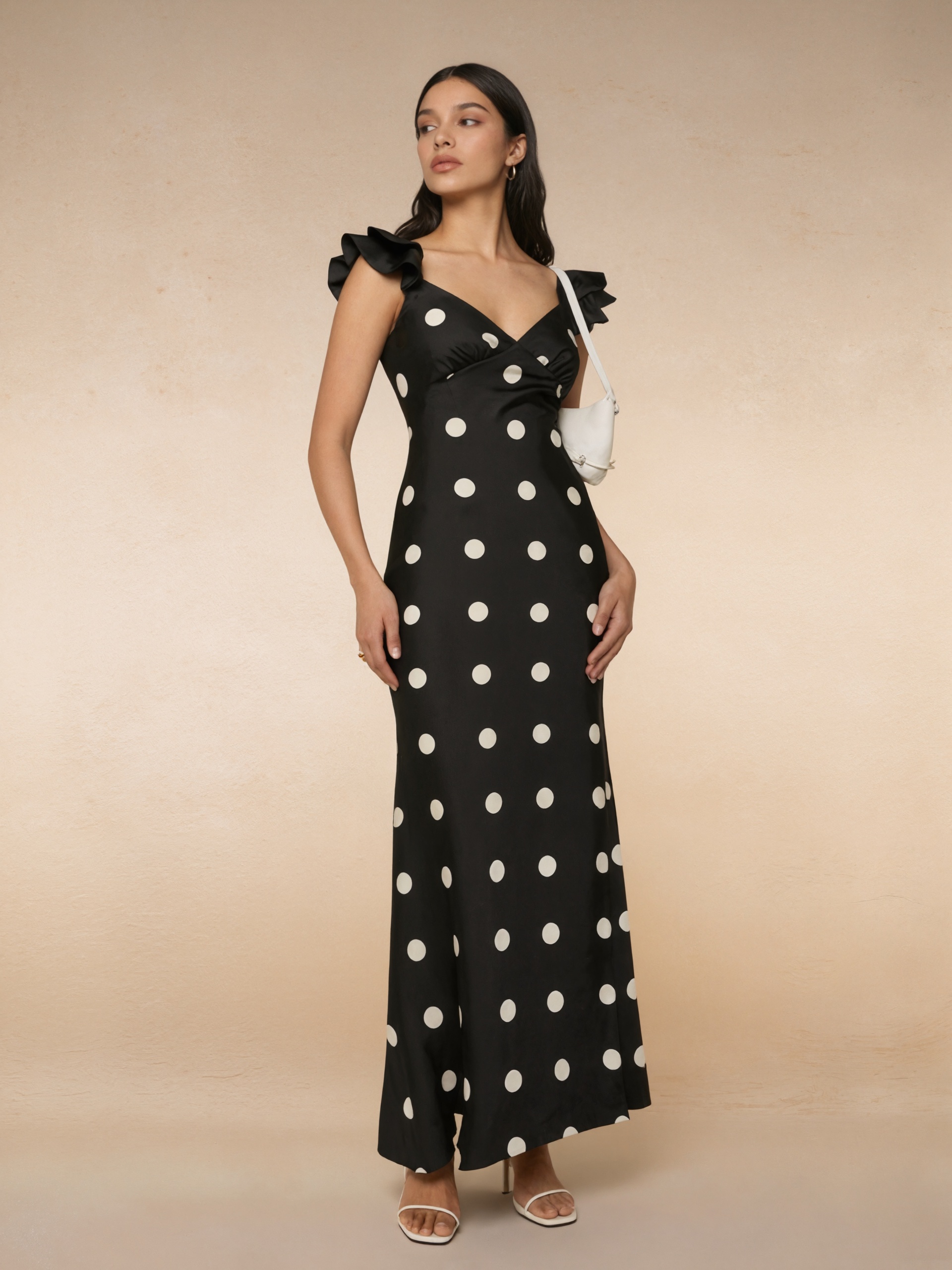 V-Neck Ruffle Sleeve Polka Dot Satin High Slit Maxi Bridesmaid Dress