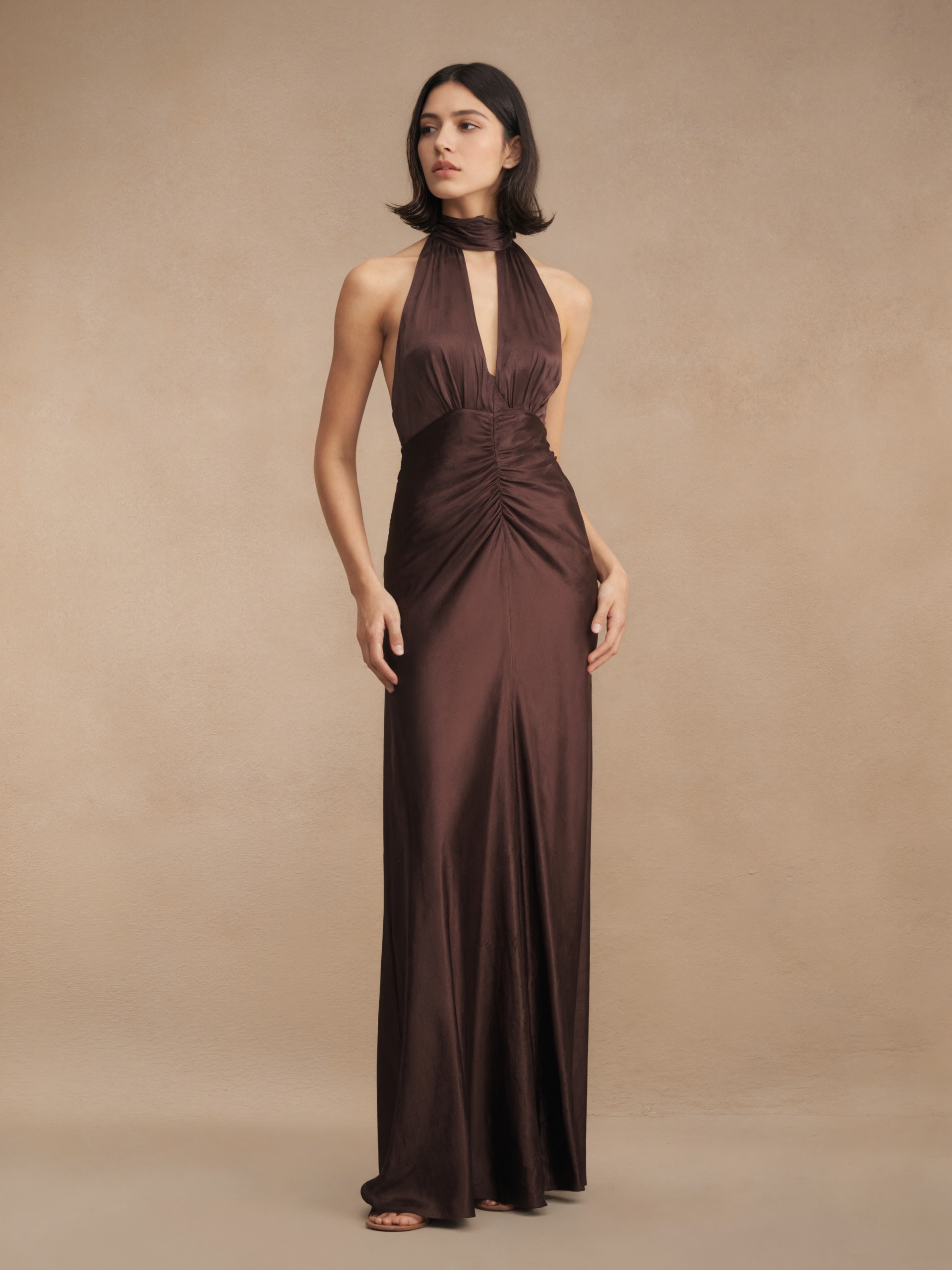 Sexy Halter Neck Deep V Ruched Satin Mermaid Prom Gown