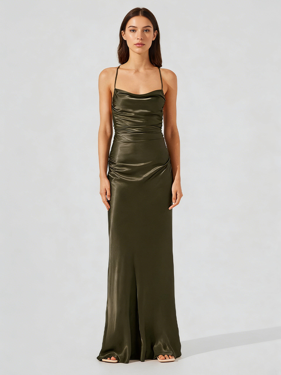 Elegant Spaghetti Strap Cowl Neck Ruched Satin Mermaid Prom Gown