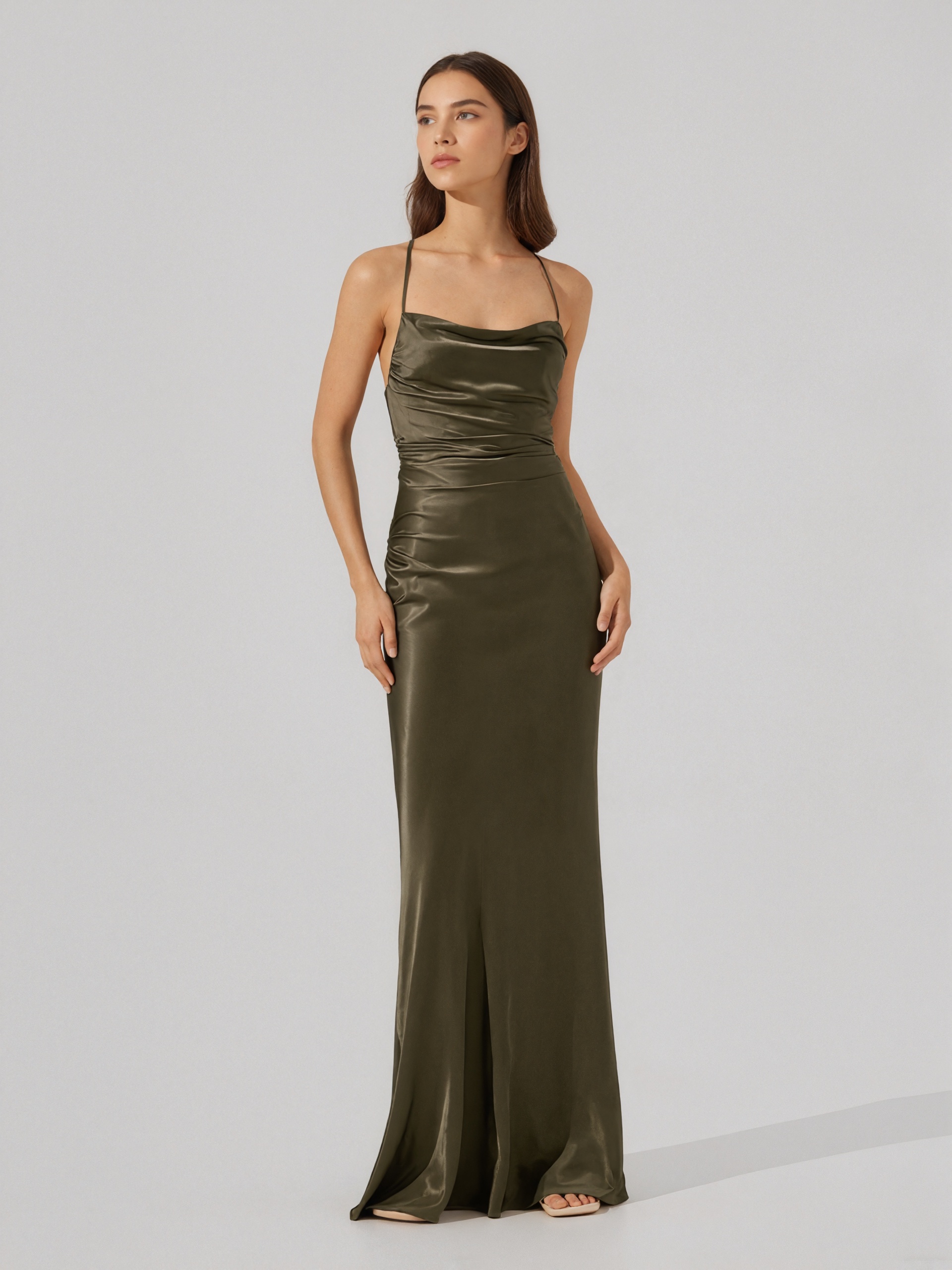 Elegant Spaghetti Strap Cowl Neck Ruched Satin Mermaid Prom Gown