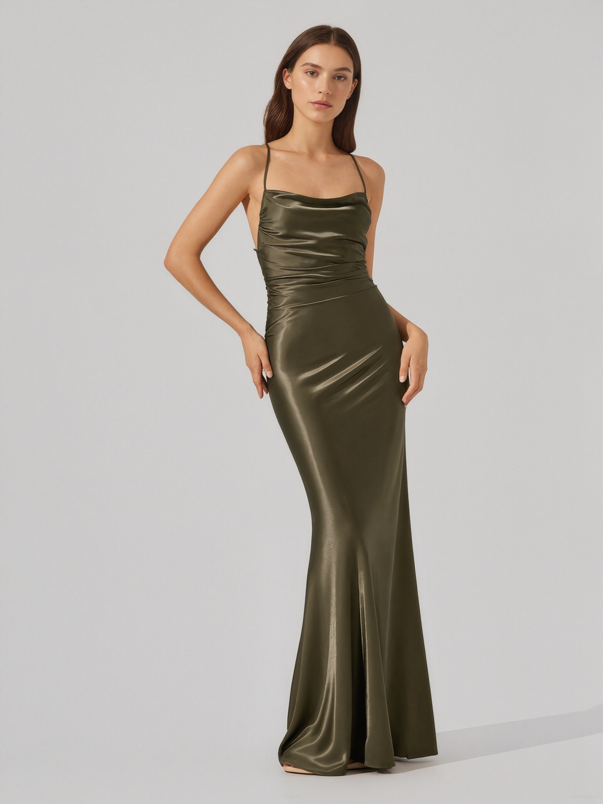 Elegant Spaghetti Strap Cowl Neck Ruched Satin Mermaid Prom Gown
