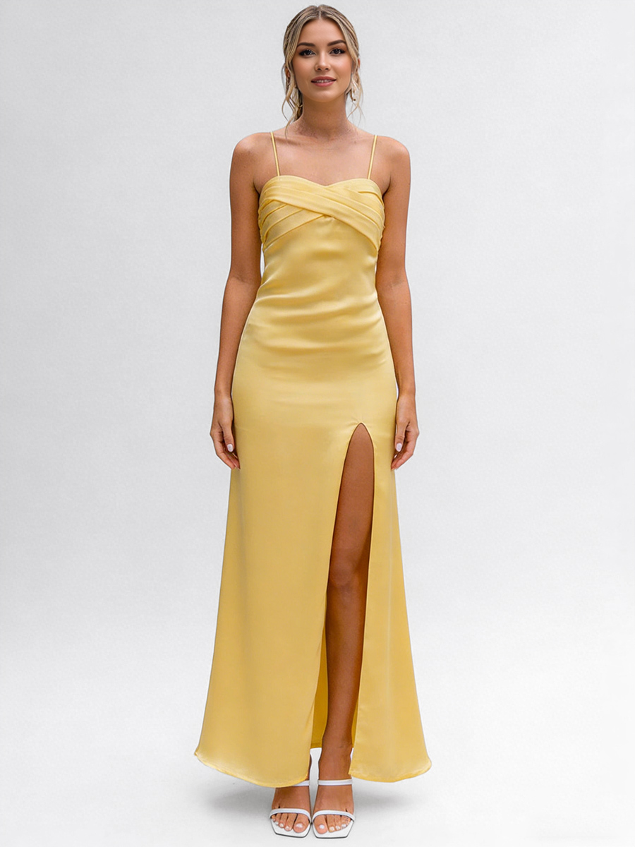 Spaghetti Strap Twist V-Neck Satin High Slit Maxi Prom Dress