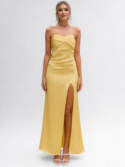 Spaghetti Strap Twist V-Neck Satin High Slit Maxi Prom Dress