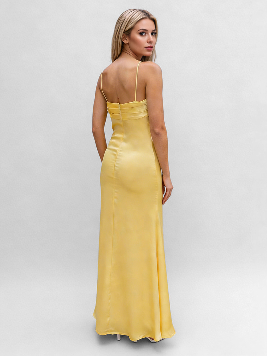 Spaghetti Strap Twist V-Neck Satin High Slit Maxi Prom Dress