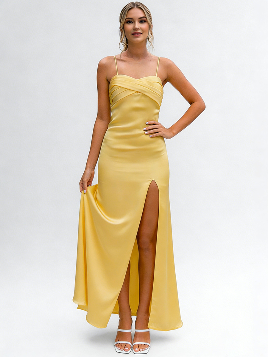 Spaghetti Strap Twist V-Neck Satin High Slit Maxi Prom Dress
