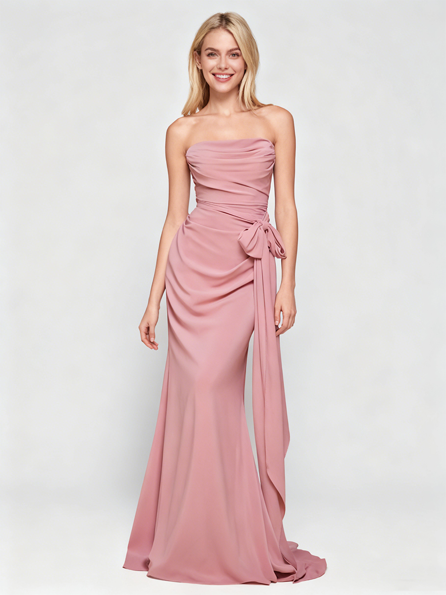 Strapless Cowl Neck Ruched Side Bow Bodycon Mermaid Formal Wedding Guest Dress