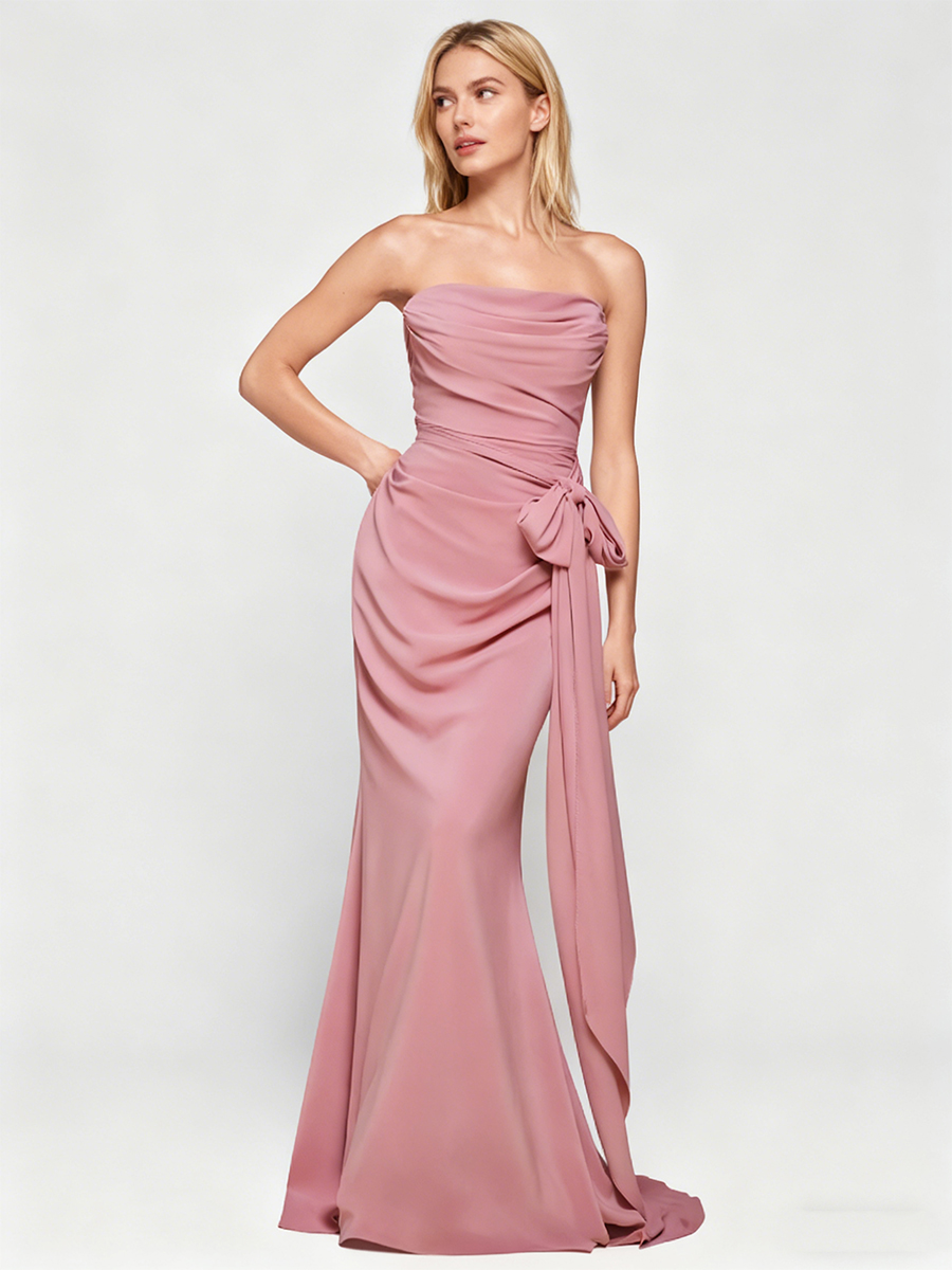 Strapless Cowl Neck Ruched Side Bow Bodycon Mermaid Formal Wedding Guest Dress