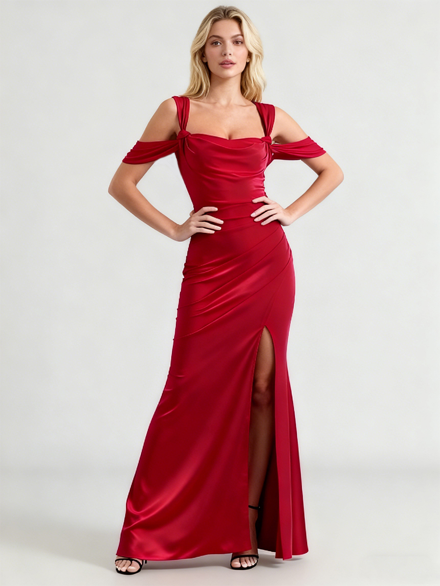 Off-the-Shoulder Cowl Neck Satin Ruched High Slit Mermaid Formal Wedding Guest Dress