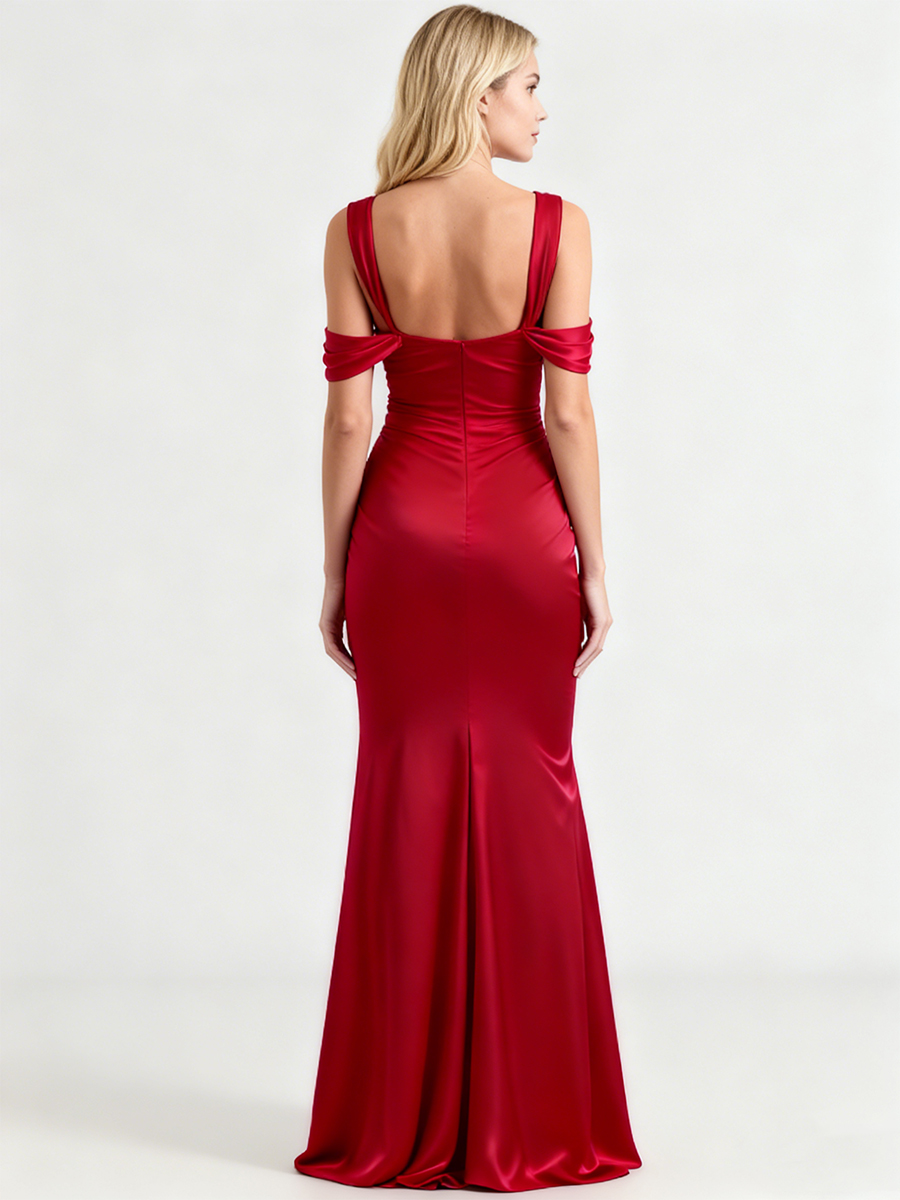 Off-the-Shoulder Cowl Neck Satin Ruched High Slit Mermaid Formal Wedding Guest Dress
