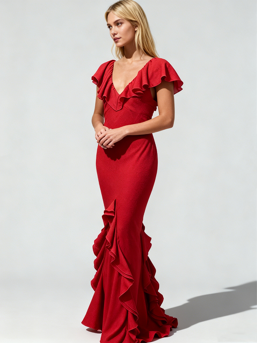 Deep V-Neck Ruffle Sleeve Bodycon Mermaid Formal Wedding Guest Dress