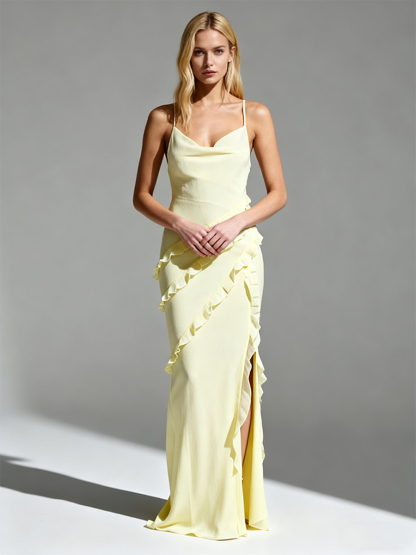 Cute Spaghetti Strap Cowl Neck Ruffle High Slit Bodycon Maxi Formal Bridesmaid Dress