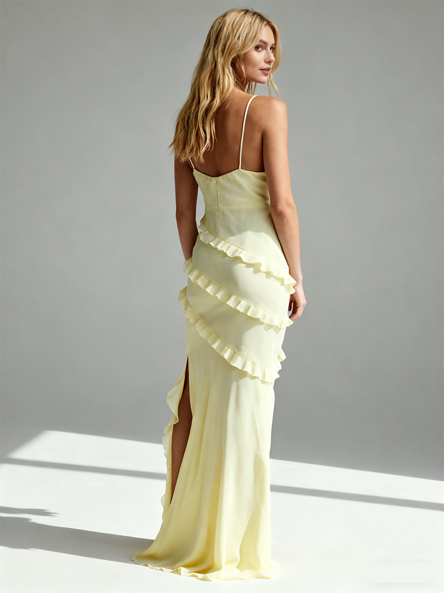 Cute Spaghetti Strap Cowl Neck Ruffle High Slit Bodycon Maxi Formal Bridesmaid Dress