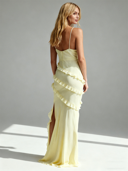 Cute Spaghetti Strap Cowl Neck Ruffle High Slit Bodycon Maxi Formal Bridesmaid Dress
