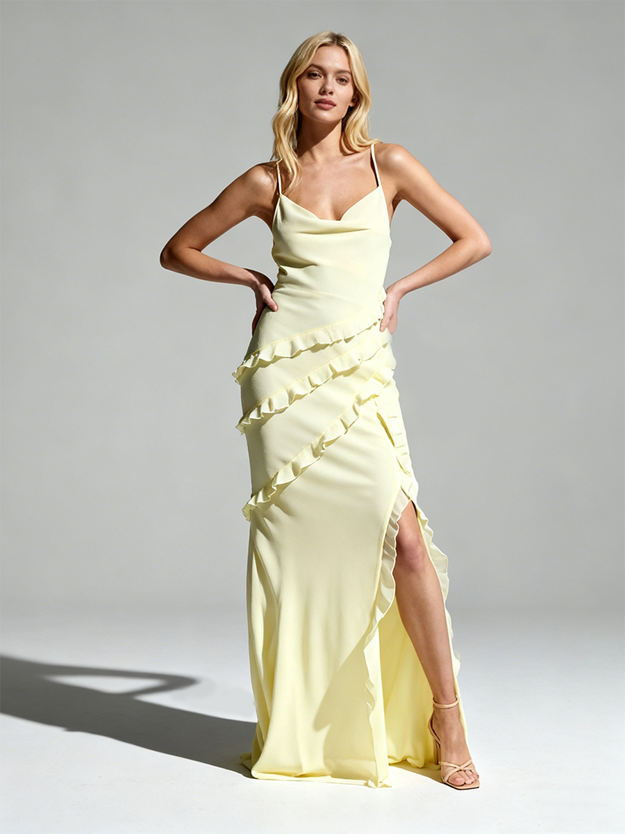 Cute Spaghetti Strap Cowl Neck Ruffle High Slit Bodycon Maxi Formal Bridesmaid Dress