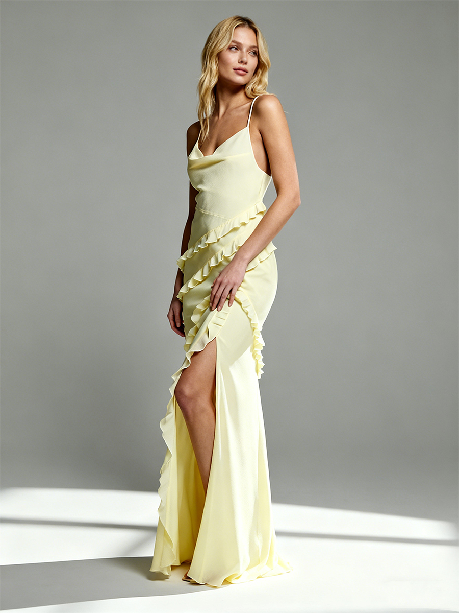 Cute Spaghetti Strap Cowl Neck Ruffle High Slit Bodycon Maxi Formal Bridesmaid Dress