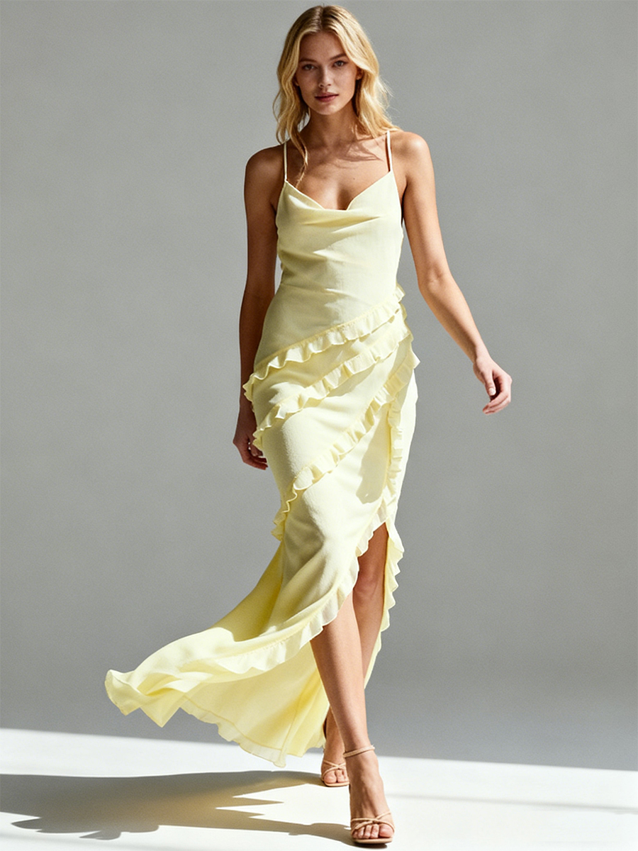 Cute Spaghetti Strap Cowl Neck Ruffle High Slit Bodycon Maxi Formal Bridesmaid Dress