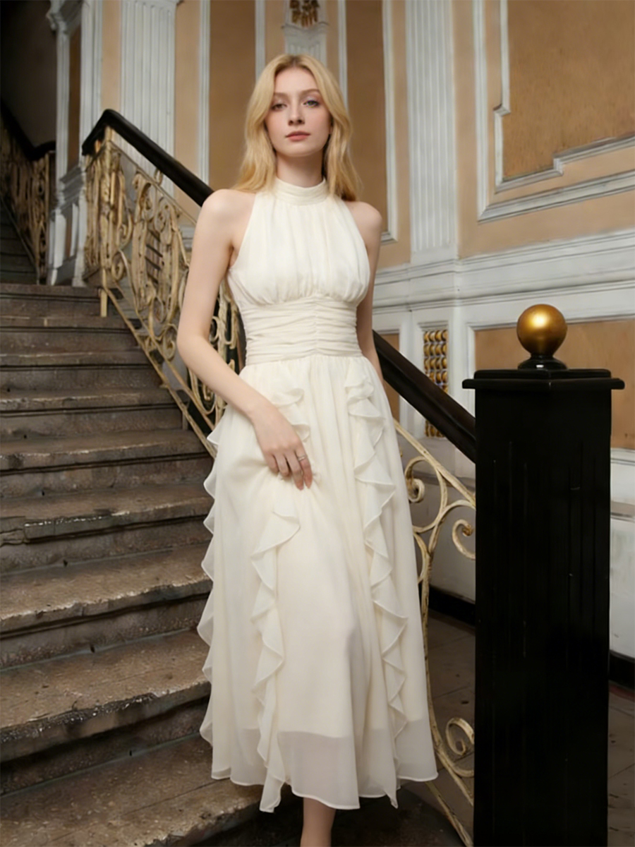 Elegant Halter Neck Ruched Layered Ruffle Maxi Wedding Guest Bridesmaid Dress