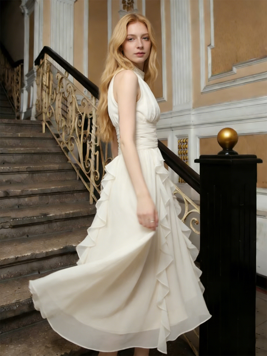 Elegant Halter Neck Ruched Layered Ruffle Maxi Wedding Guest Bridesmaid Dress