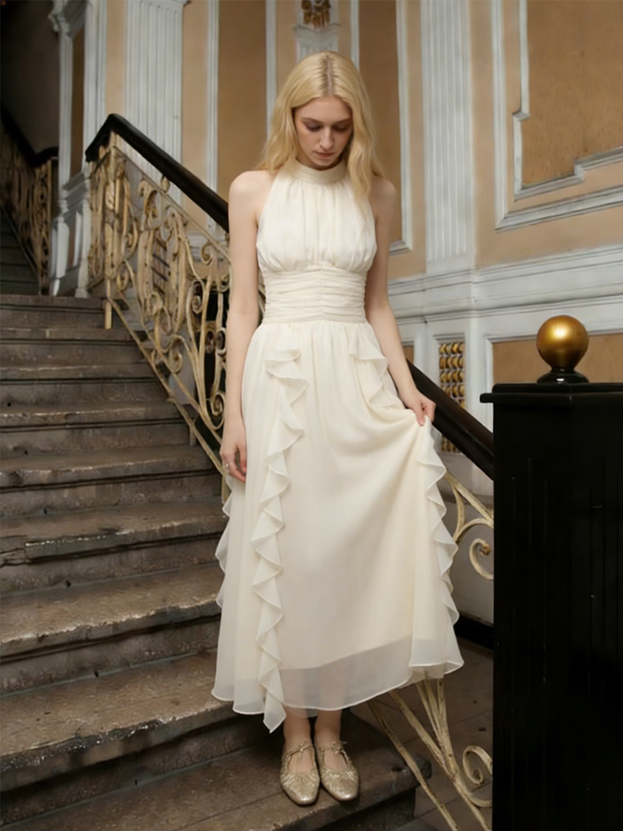 Elegant Halter Neck Ruched Layered Ruffle Maxi Wedding Guest Bridesmaid Dress