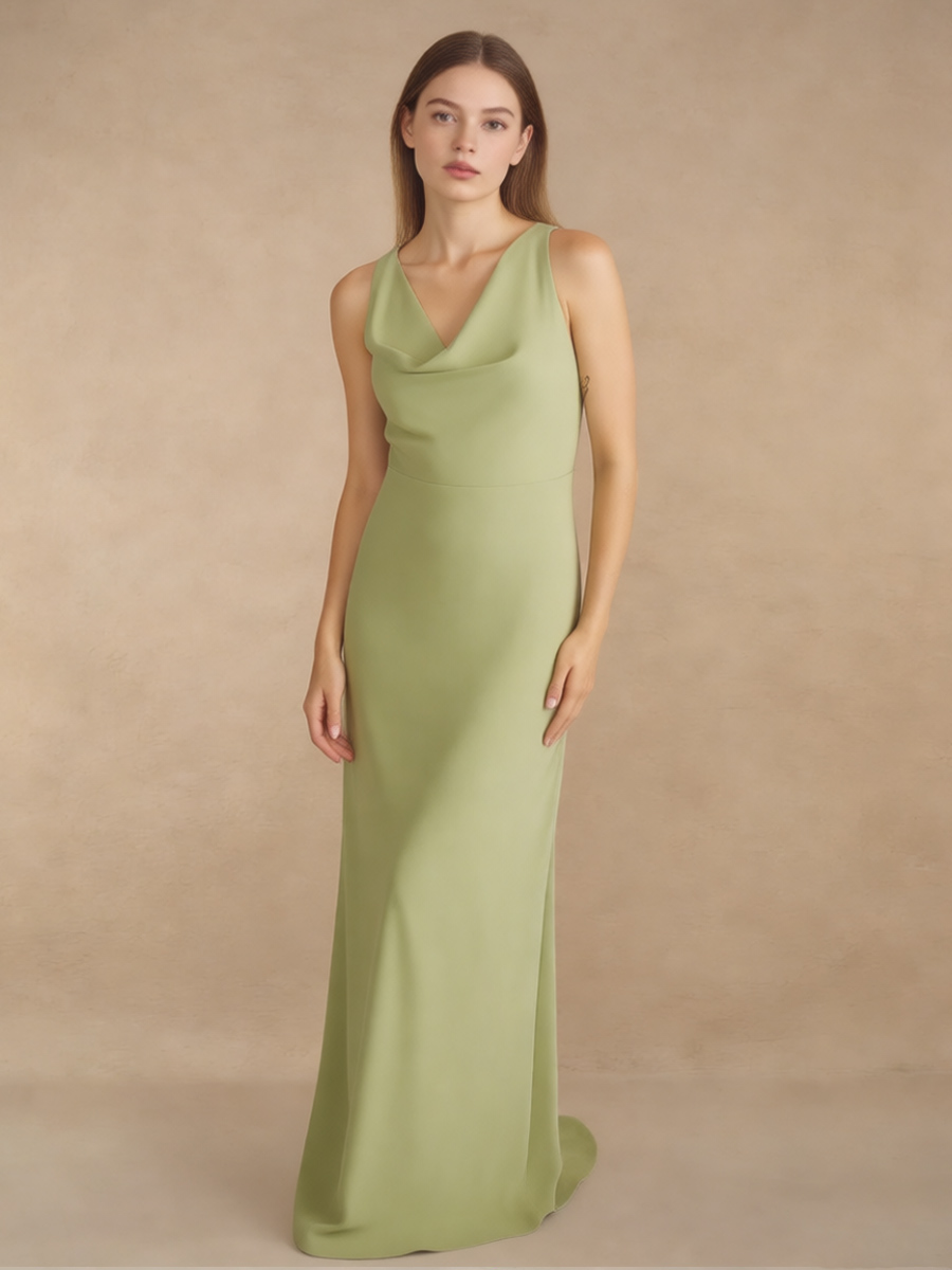 Cowl Neck Satin Sheath Floor-Length Bridesmaid Dress