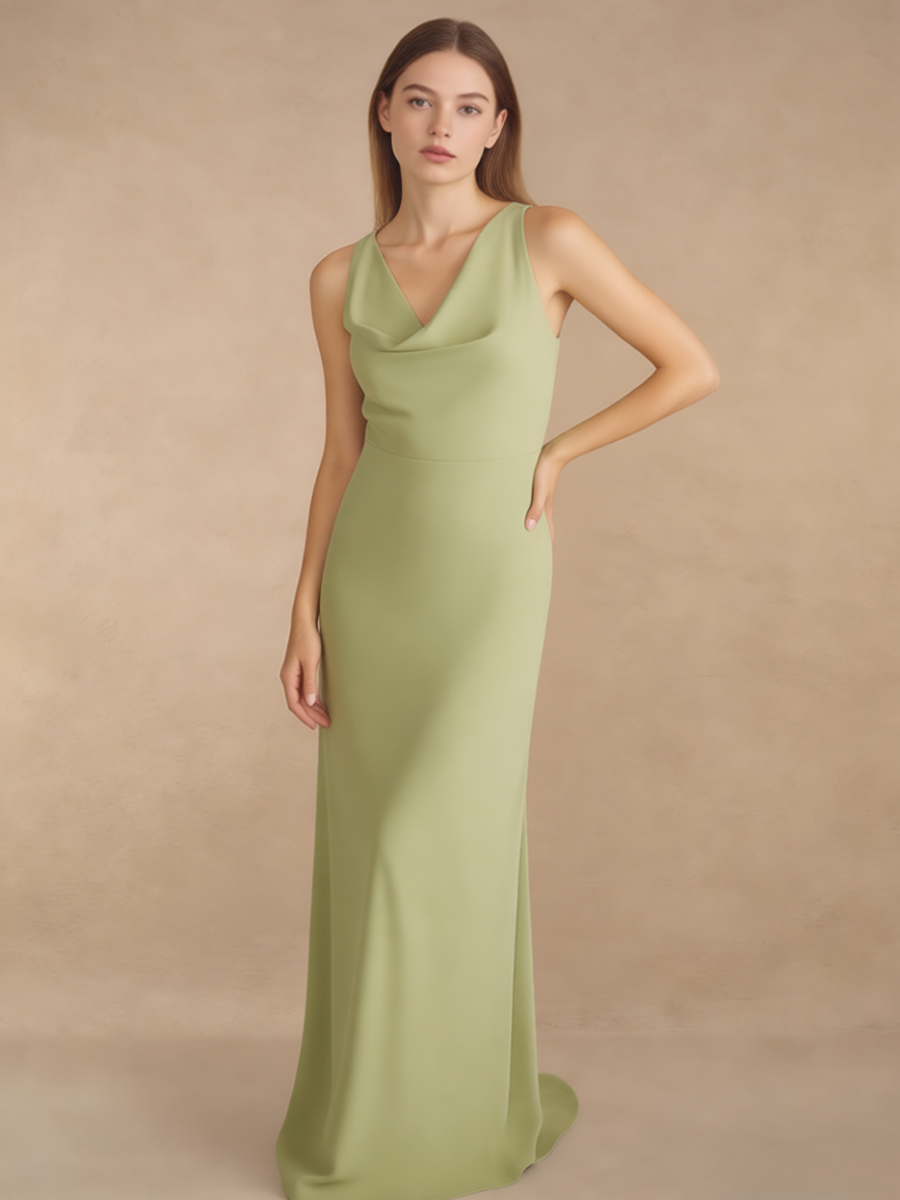 Cowl Neck Satin Sheath Floor-Length Bridesmaid Dress