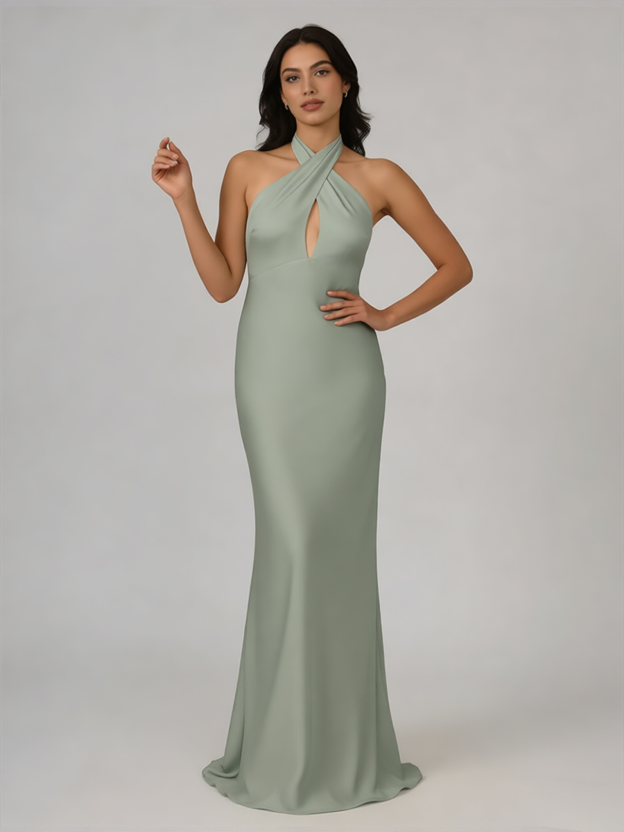 Halter Neck Cutout Satin Mermaid Floor-Length Bridesmaid Dress